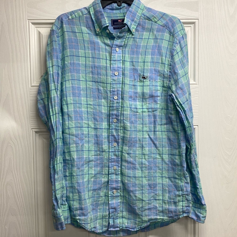 Vineyard Vines Classic Fit
Tucker 100% Linen Shirt Blue
Green Plaid Men's